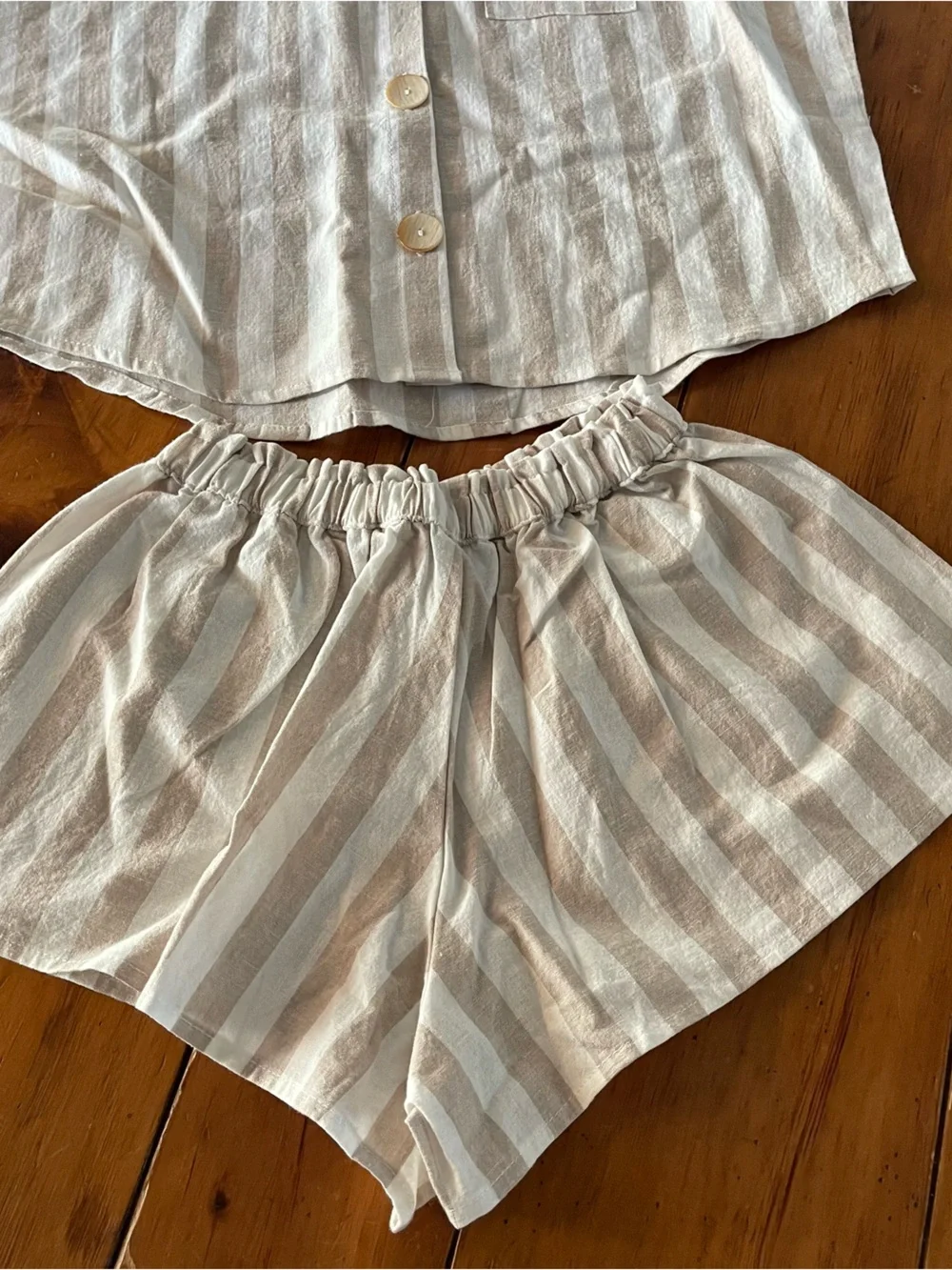 Rylee Cru Striped Button Front Short Set in Cream and Tan